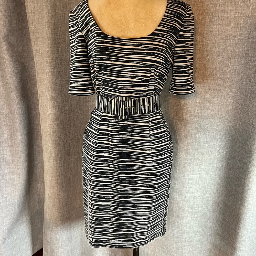 Trina Turk Black and White Striped Dress with Belt